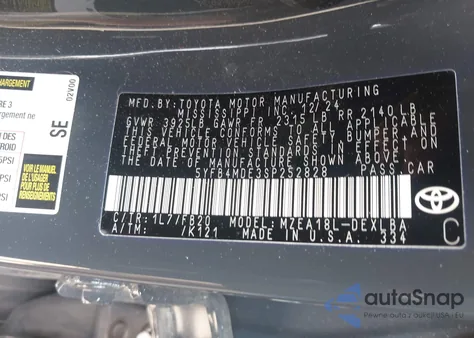 2025 Toyota Corolla Le from USA, damaged, VIN 5YFB4MDE3SP252828